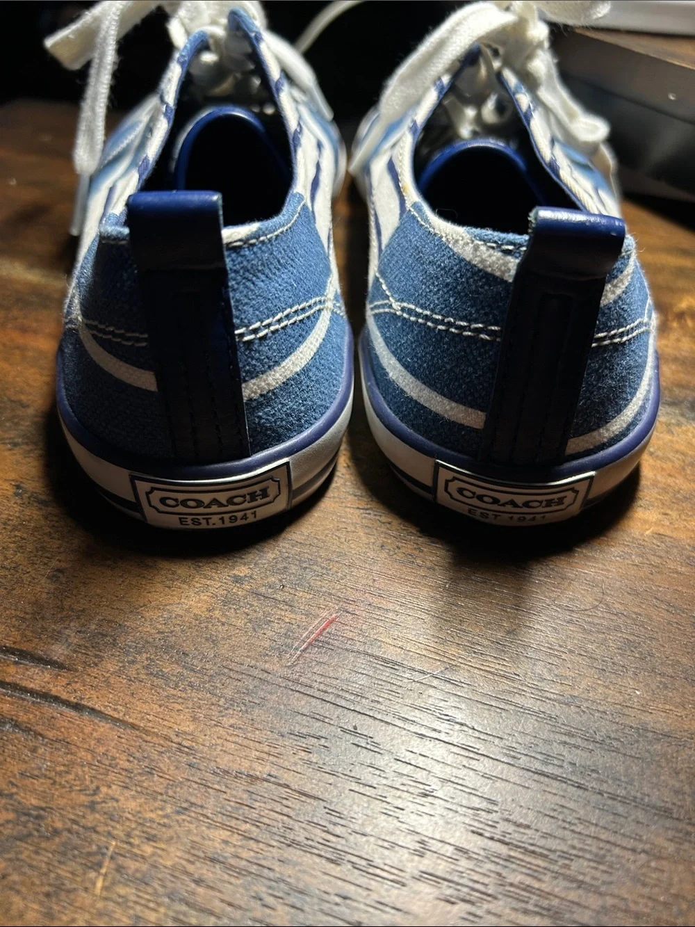 Coach Blue and White Striped Canvas Sneakers for Women Size 7 1/2